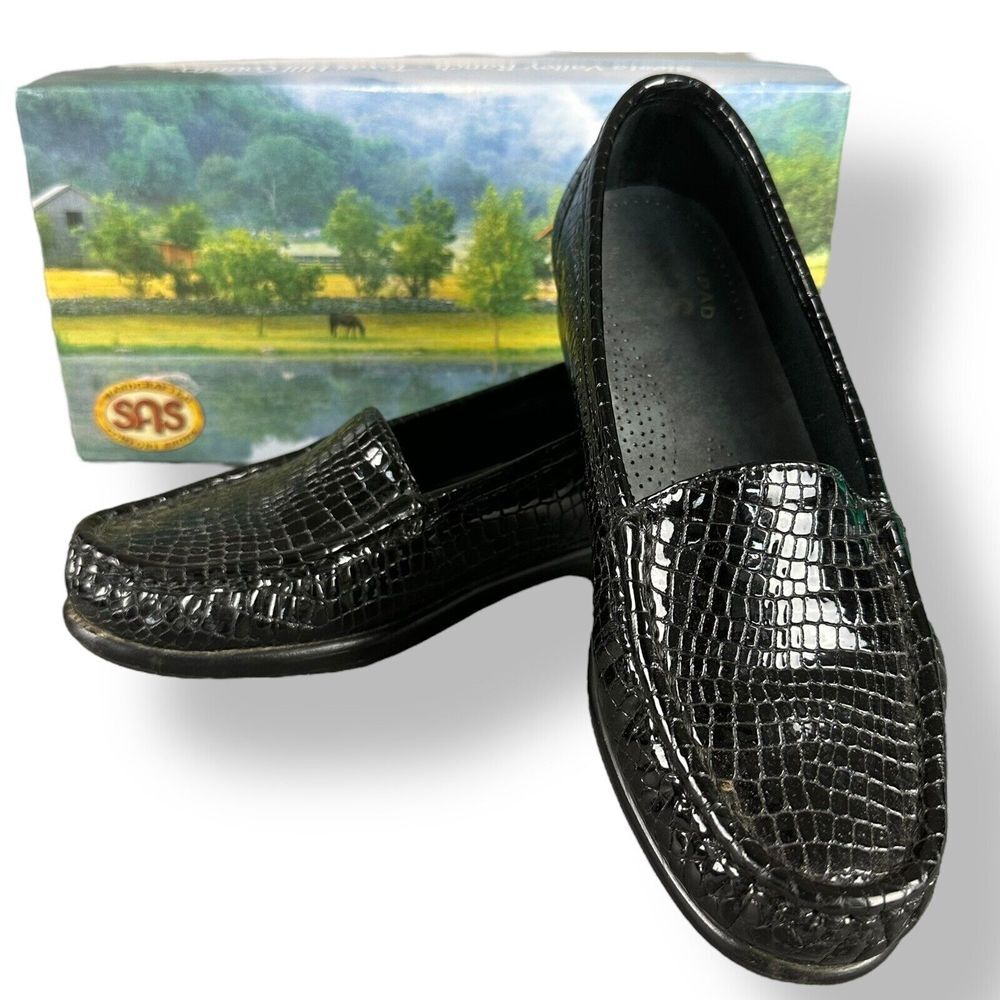 SAS Simplify Black Crocodile Leather Loafers WMNS 6.5M Tripad Comfort Foot‎ Bed